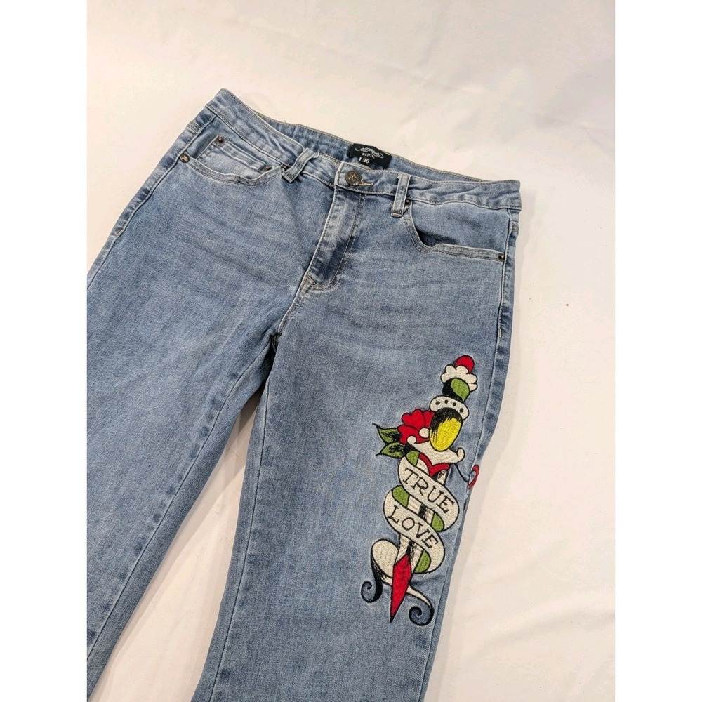 Ed Hardy Embroidered Hearts Tattoo Wide Flair Bell Jeans High‎ Rise 30x32 Y2K
